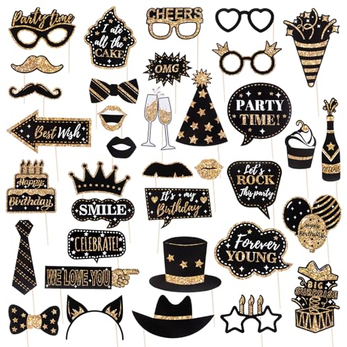 cobee 36 Pack Birthday Photo Booth Props Kit, Happy Birthday Party Favors Selfie Supplies Funny Bday Photobooth Prop with Sign Decorations for Wedding Holiday Christmas New Year, Gold-Black