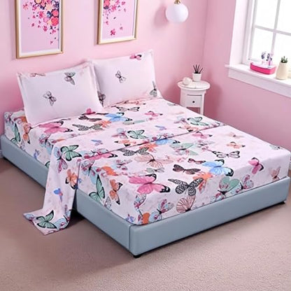 MAG 4PCS Twin Size Butterfly Bedding Sheet Set, Home Microfiber Bed Sheet, with1 Top Flat & 1 Fitted Sheet with 2 Pillowcases, 14 Inches Deep, Twin - color: Pink, size: Twin