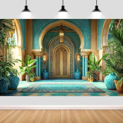 5X3ft DYNH Arabian Moroccan Nights Party Backdrop, Morocco Palace Arch Architecture Middle Eastern Teal Luxurious Backdrop for Moroccan Wedding Birthday Party Background Decorations Photo Studio Props - color: Turquoise3, size: 5 x 3 ft