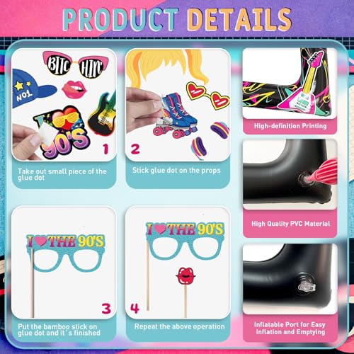 90s Inflatable Photo Frame & Props, 25Pcs Back to The 90s Photo Booth Props with Inflatable Selfie Picture Frame for 1990s Throwback Birthday Party Supplies - color: 90s