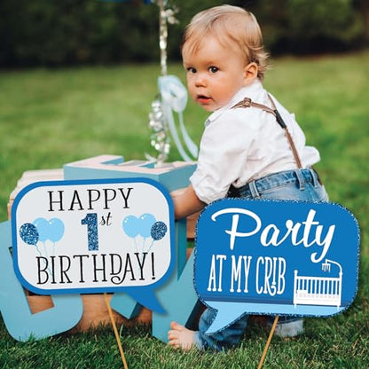 1st Birthday Boy Photo Booth Props - 41-pc Photobooth Kit with 8 x 10-Inch Sign, 60 Adhesive Pads, 45 Sticks - First Birthday Photo Kit