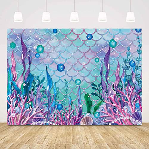Sensfun Under The Sea Baby Shower Backdrop Purple Blue Seaweed Glitter Scales Underwater Photography Backgrpund Mermaid Birthday Decorations Party Cake Table Banner Photoshoot Vinyl Prop 7x5ft - size: 7x5ft