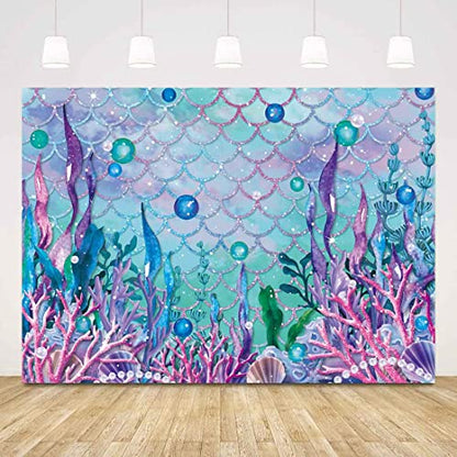 Sensfun Under The Sea Baby Shower Backdrop Purple Blue Seaweed Glitter Scales Underwater Photography Backgrpund Mermaid Birthday Decorations Party Cake Table Banner Photoshoot Vinyl Prop 10x7ft - size: 10x7ft