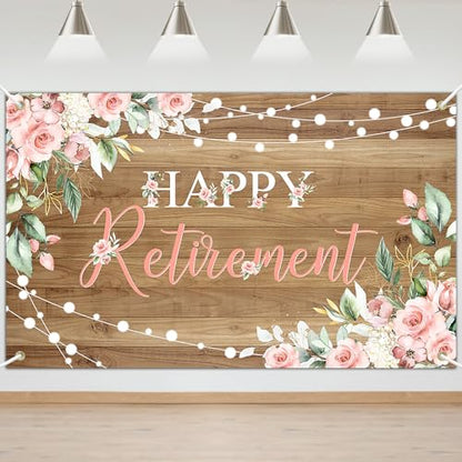 Mocsicka Rustic Retirement Backdrop Banner Women Happy Retirement Party Decorations Pink Floral Retired Party Photo Booth Props (6x3.6ft) - size: 6x3.6ft