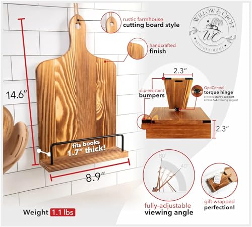 Willow & Croft Premium Cook Book Stand. Farmhouse Cutting Board Stand Cookbook Holder, Recipe Book Holder. Distressed Cookbook Stand for Kitchen Counter. Rustic Home Decor, Adjustable Display Stand. - style: Brown - Cutting Board Design