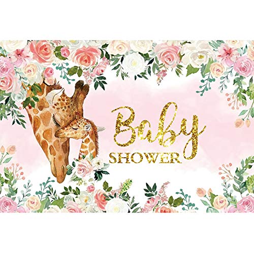 6x4ft Baby Shower Backdrop Cute Giraffe Pink White Watercolor Flowers Photography Background Girl Princess Baby Shower Party Cake Table Decoration Banner Photo Studio Props - size: 6x4ft