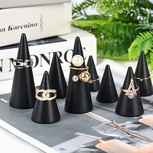 Black Wood Cones, 10Pcs 3 Different Sizes Wood Cone Rings Holder Jewelry Display Stand Vertical Shaped Wooden Cones for Girls Women DIY Craft - color: Black