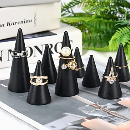Black Wood Cones, 10Pcs 3 Different Sizes Wood Cone Rings Holder Jewelry Display Stand Vertical Shaped Wooden Cones for Girls Women DIY Craft - color: Black
