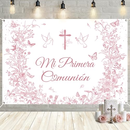 MEHOFOND 7x5ft Mi Primera Comunión Backdrop Vintage Floral Baptism Decorations Dusty Pink First Holy Communion Photography Background God Bless Christening Party Backdrop Banner Photo Booth Props - color: Pink, size: 7x5ft