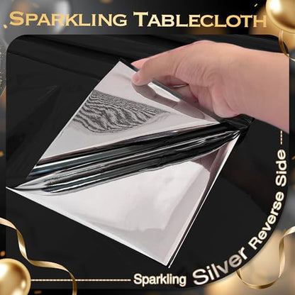 Just Shimmer 2pcs Black Foil Tablecloth 54 * 72inch Birthday Graduation Halloween Party Table Cloths Plastic Waterproof Disposable Table Cover for Halloween Neon Anniversary Party Supplies - color: Black