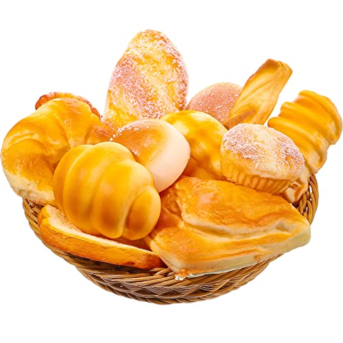 Chivao 13 Pcs Fake Bread with Basket Artificial Food for Display Photo Props Realistic Bread Toy Set Simulation French Loaf Faux Pastries Food Model for Bakery Home Kitchen Decoration(Bread) - style: Bread