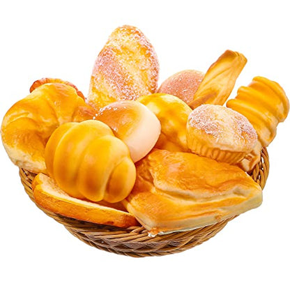 Chivao 13 Pcs Fake Bread with Basket Artificial Food for Display Photo Props Realistic Bread Toy Set Simulation French Loaf Faux Pastries Food Model for Bakery Home Kitchen Decoration(Bread) - style: Bread