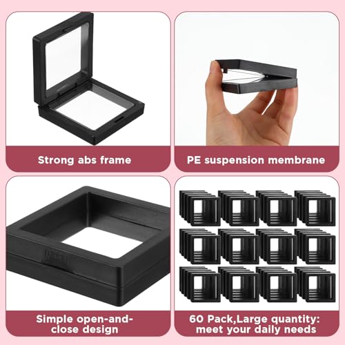 60PCS 3D Floating Frame Case, 2.8" x 2.8" x 0.8" Coin Frame Display Holder Stands, Black Antique Challenge Coin Display for Jewelry, Shells, Gems, Minerals, Rocks, Specimen and Pins