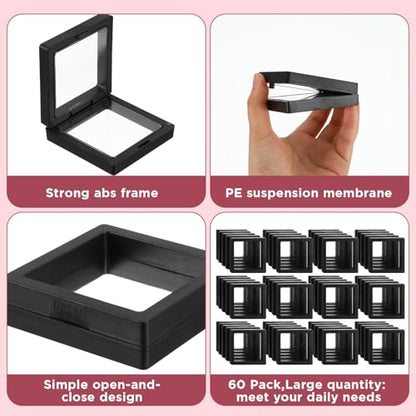 60PCS 3D Floating Frame Case, 2.8" x 2.8" x 0.8" Coin Frame Display Holder Stands, Black Antique Challenge Coin Display for Jewelry, Shells, Gems, Minerals, Rocks, Specimen and Pins