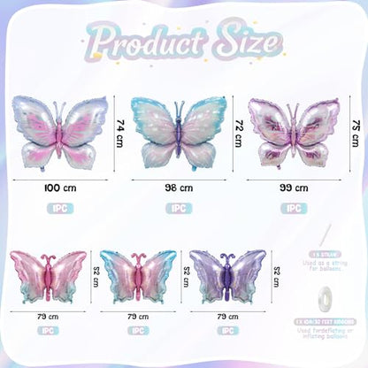 6 Pcs Butterfly Balloons Foil, Large Pastel Pink Purple Foil Balloon Gradient Butterflies Balloons Helium for Butterfly Themed Wedding Birthday Spring Garden Baby Shower Party Decorations - style: Butterfly