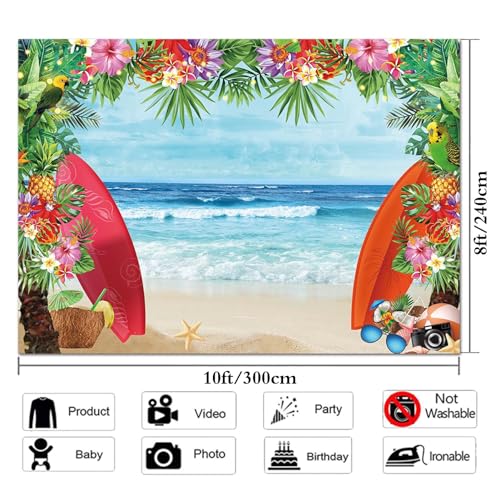 HQM 10X8FT Summer Tropical Beach Theme Photo Background Beach Conch Hawaii Blue Sea Flower Children Birthday Luau Party Photography Backdrop Cake Table Decor Supplie - size: 10x8 FT