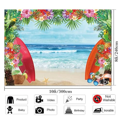 HQM 10X8FT Summer Tropical Beach Theme Photo Background Beach Conch Hawaii Blue Sea Flower Children Birthday Luau Party Photography Backdrop Cake Table Decor Supplie - size: 10x8 FT