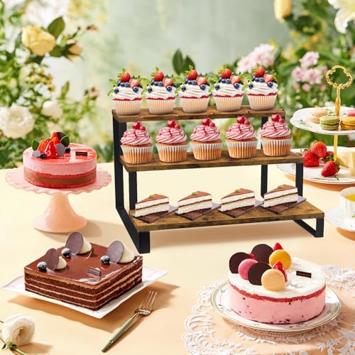ELITEROO Wooden Display Riser Stand, 3 Tier Display Risers, Tiered Cabinet Organizer, Widened Display Rack Shelf Kitchen Counter Shelf for Makeup Perfume Figure Dolls Collection Condiment Candles