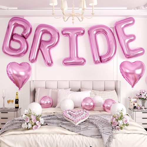 40inch Pink BRIDE Letter Balloons, Giant Pink Bride Foil Helium Balloon Banner with Heart Balloon for Bride to Be Wedding Engagement Bridal Shower Bachelorette Party Decoration - color: Rose Gold
