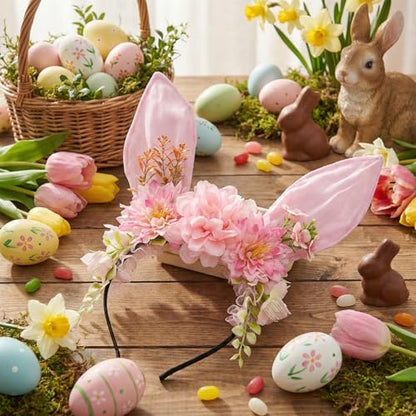Women Easter Bunny Ears Headband Flowers Crown Rabbit Ears Party Headwear - color: pink