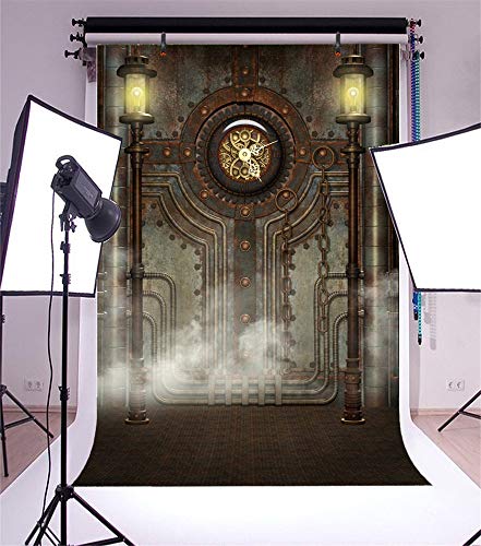 5x7ft Polyester Antique Vintage Steampunk Backdrop Industrial Gear Metal Clock Old Metal Gearwheel Photography Background Steam Machine Nostalgia Iron Chain Pipelines Adult Photo Studio Prop - color: Black 10453, size: 5x7ft-Polyester