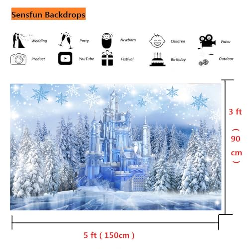 Sensfun Winter Ice Wonderland Backdrop Wonderland Christmas Party Decorations,Crystal Ice Castle Snowflake Photography Background for Girl Wonderland Birthday Banner Portrait Photo Booth Prop 5x3ft - size: 5x3ft