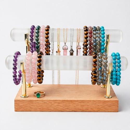 Selenite Charging Plate, Selenite Bracelet Holder Stand, Crystal Bracelet Holder, Unique Gifts For Crystal Lovers,Jewelry Wrap Watch Organizer Holder With Wooden Base For Bangles Charging Cleansing