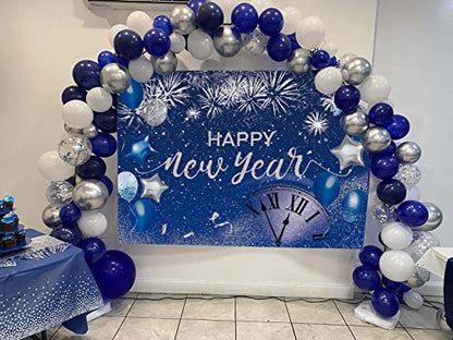 Blue Happy New Year Backdrop 2026 New Year Eve Party Photography Background Fireworks Navy Blue Silver Glitter Sequin New Years Party Decor Supplies Banner Gift Ideas Favor (10X8FT(120x96 inch)) - size: 10X8FT(120x96 inch)