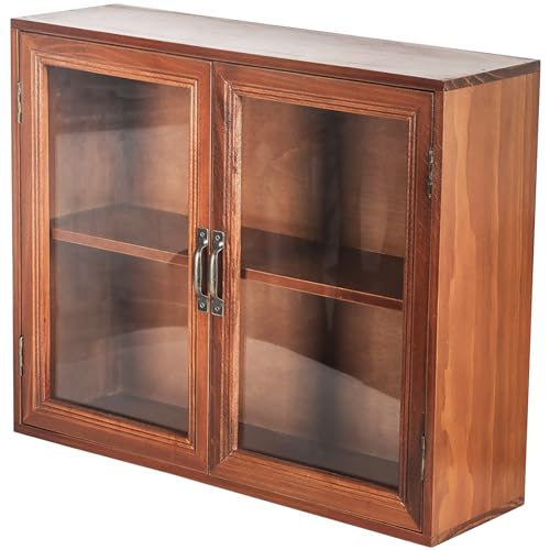 Cosmetics Display Cabinet with Clear Doors - 2-Level Wooden Tabletop Shelf Storage for Makeup, Perfumes, Skincare - Mahogany Wood Vanity Shelf Display Case - Mini Kitchen Cupboard