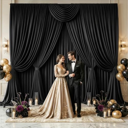 10x10 FT Black Wedding Backdrop Curtain, Fabric Backdrop, Thick Polyester Drapes, Wrinkle Free Photography Background for Party, Event, 2 Panels 5x10 FT - size: 10FT(W) x 10FT(H)