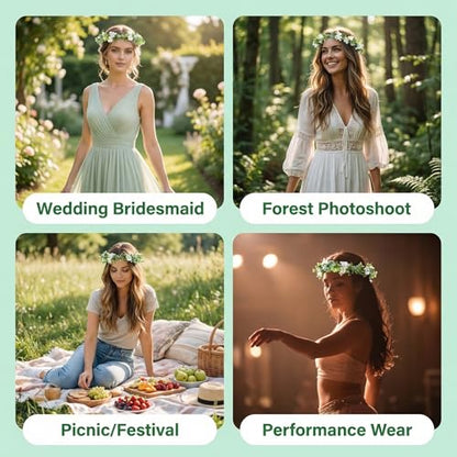 UPSTORE Bohemian Bridal Flower Crown Eucalyptus Leaf Headband with Ribbon Boho Floral Headpices Hair Accessories for Women Girls Wedding Festival Birthday Photo Prop