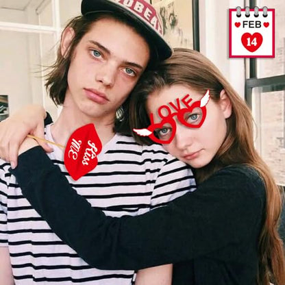 Valentine’s Day Photo Booth Props 24 Pcs Romantic Love Heart Selfie Props Happy Valentine’s Day Glasses Cute Hat Mustache Heart Photograph Props for Wedding Bridal Shower Party Supplies