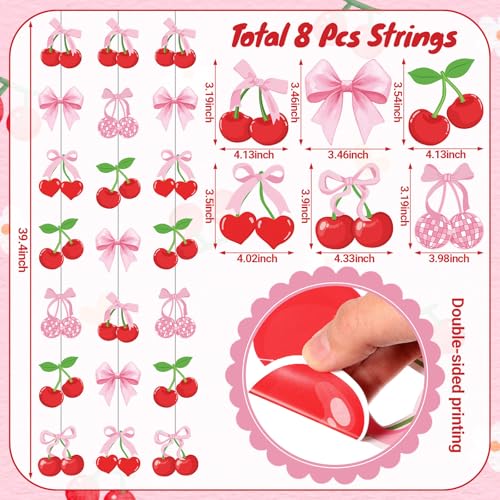 Xinnun Cherry Party Decorations Pink Bow Hanging Banners Garland Cherry Baby Shower Decorations Cutouts Ribbon Streamers for Berry Birthday Bridal Engagement Bachelorette Wedding Party Decor - style: Cherry