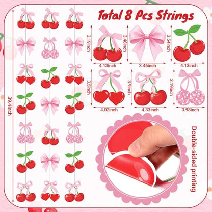 Xinnun Cherry Party Decorations Pink Bow Hanging Banners Garland Cherry Baby Shower Decorations Cutouts Ribbon Streamers for Berry Birthday Bridal Engagement Bachelorette Wedding Party Decor - style: Cherry