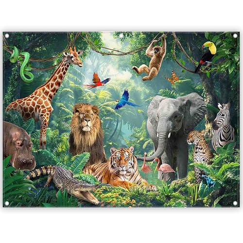 Fabric 8x6ft Jungle Forest Animals Photography Backdrop Tropical Rainforest Safari Background Wild Party Decorations Kids Event Photo Banner Props - size: 8'x6'