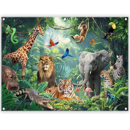 Fabric 8x6ft Jungle Forest Animals Photography Backdrop Tropical Rainforest Safari Background Wild Party Decorations Kids Event Photo Banner Props - size: 8'x6'