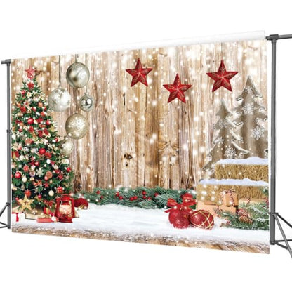 8x6Ft Christmas Backdrops for Photography Winter Snow Backdrop Rustic Wood Floor Backdrop Xmas Tree Gift Christmas Family Party Background - size: 8x6ft