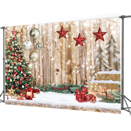 10x8Ft Christmas Backdrops for Photography Winter Snow Backdrop Rustic Wood Floor Backdrop Xmas Tree Gift Christmas Family Party Background - size: 10x8ft
