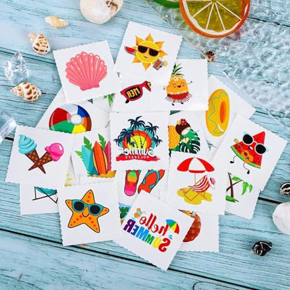 ADXCO 144 Pieces Summer Pool Party Tattoos Hawaiian Luau Themed Tattoos Waterproof Beach Temporary Tattoos Stickers for Adults, Tropical Party Decorations Supplies Favors