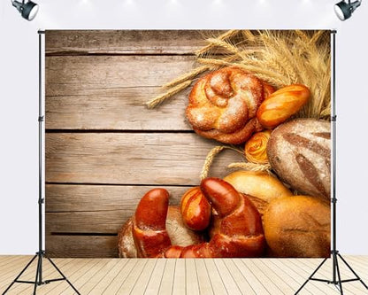 Trykid 5x3ft Fresh Bread Wheat Backdrop Assorted Baked Goods Wooden Table Photography Background Bakery Food Theme Party Decoration Tapestry Photo Booth Prop Fabric - size: 5x3ft