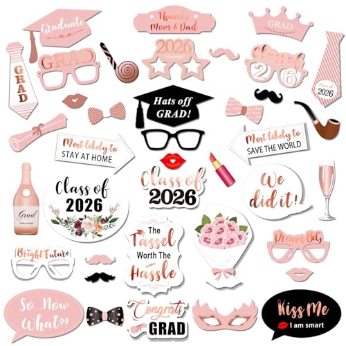 Konsait Rose Gold Graduation Photo Booth Props Party Supplies Graduation Photo Props Class of 2026 Grad Decor with Sticks, Class Decorations Graduation Party Favors Decor Accessories(39Count)