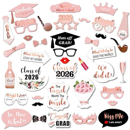Konsait Rose Gold Graduation Photo Booth Props Party Supplies Graduation Photo Props Class of 2026 Grad Decor with Sticks, Class Decorations Graduation Party Favors Decor Accessories(39Count)