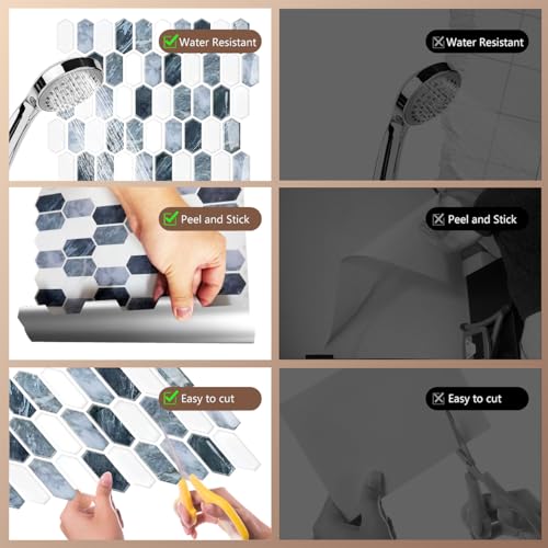10-Sheet Backsplash Peel and Stick Tile Faux Marble 12"x12" White Blue Long Hexagon Self-Adhesive Glossy Heat Resistant Waterproof 3D Wall Panel Stick on Backsplash Kitchen Bathroom RV Fireplace - size: 12''x12''