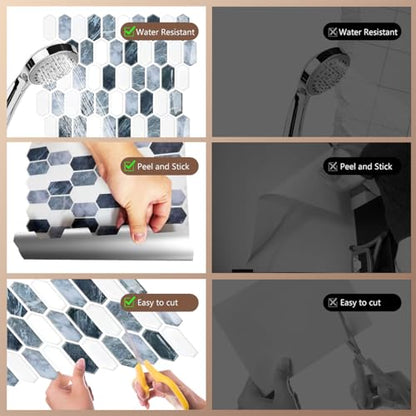 10-Sheet Backsplash Peel and Stick Tile Faux Marble 12"x12" White Blue Long Hexagon Self-Adhesive Glossy Heat Resistant Waterproof 3D Wall Panel Stick on Backsplash Kitchen Bathroom RV Fireplace - size: 12''x12''