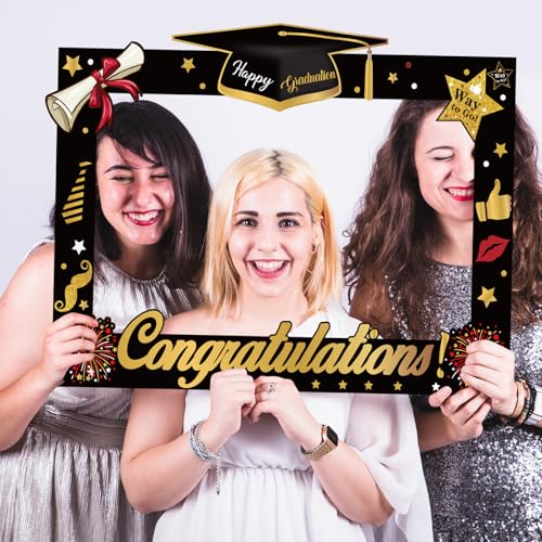 2026 Graduation Photo Booth Props, Black Gold Graduation Photo Prop Frame & Grad Photo Booth Props, Funny Grad Party Selfie Props, Selfie Photo Frame for High School and College Grad