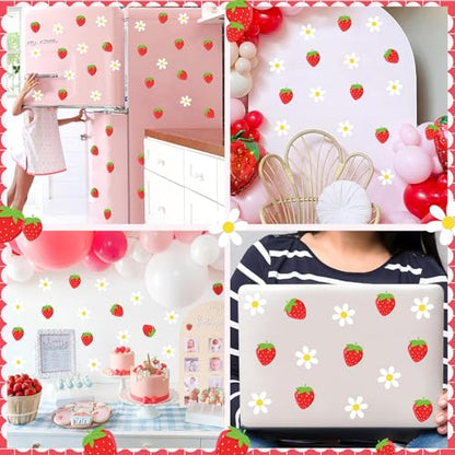 48pcs Strawberry Stickers for Balloon Arch Strawberries Theme Party Signs for Backdrop Kitchen Fruit Wall Stickers Daisy Flowers Berry First Crafts Decals for Baby Shower Girls Birthday Party Supplies - color: Red & White