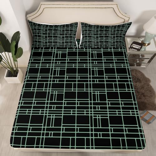 jejeloiu Black Green Geometric Fitted Sheet Twin Size Kids Stereoscopic Square Bed Sheets Set for Boys Girls Teens Bedding Set Breathable Modern Minimalism Art Bedroom Decor - color: Black Green, size: Twin