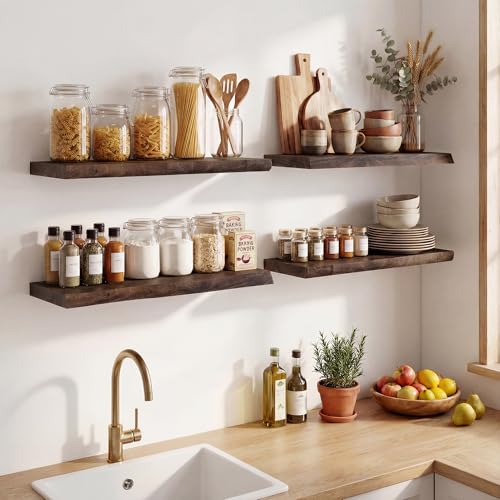 Axeman 18 inch Floating Shelves for Wall - 8'' D Live Edge Rustic Solid Elm Wood Floating Shelves Wall Mounted, Wall Shelves with Invisible Bracket for Living Room Bedroom Kitchen, Set of 2 Walnut - color: Walnut With Live Edge, size: 18 inches - 2P