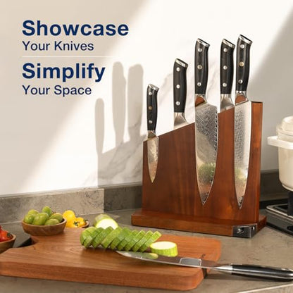 Gourmetop Magnetic Knife Holder with Built-in Sharpener, 100% Acacia Wood Magnetic Knife Block without Knives, Strong Double-Sided Magnetic Knife Holder for Kitchen Countertop Organization, Dark Wood - color: Dark Wood