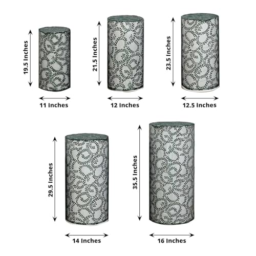 Efavormart Set of 5 Hunter Emerald Green Sequin Mesh Cylinder Display Box Stand Covers with Leaf Vine Embroidery, Sparkly Sheer Tulle Pedestal Pillar Prop Covers - color: Hunter Green, size: Sequin Mesh Cylinder Covers - Leaf Pattern